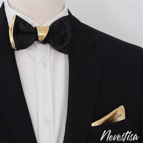 Gold and black satin tuxedo suit bow tie set