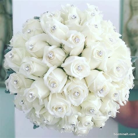 دسته گل عروس با گل های رز سفید نگین دار | Beautiful bridal bouquet ...