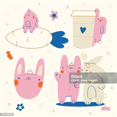 Cute Kawaii Pink Rabbit Stickers Set Kid Graphic Stock Illustration - Download Image Now ...