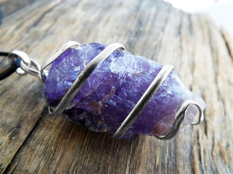 Amethyst Pendant Raw Gemstone Silver Necklace Handmade Stone Purple Protection Jewelry