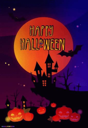 an animated halloween scene with pumpkins and bats