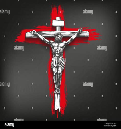 Jesus Christ, the Son of God, crucified on a wooden cross, symbol of Christianity hand drawn ...