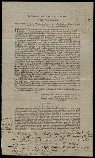 Twelfth Amendment, with notes, and draft of speech to the legislature ...