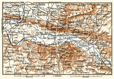 Old map of Weser river course from Minden to Hameln in 1887. Buy vintage map replica poster ...