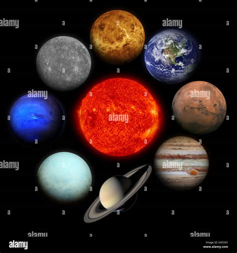 Solar system. Planets on black background. Sun, Mercury, Venus, Earth, Mars, Jupiter, Saturn ...