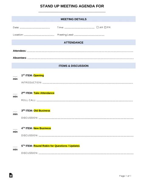 Free Stand-Up Meeting Agenda Template - PDF | Word – eForms