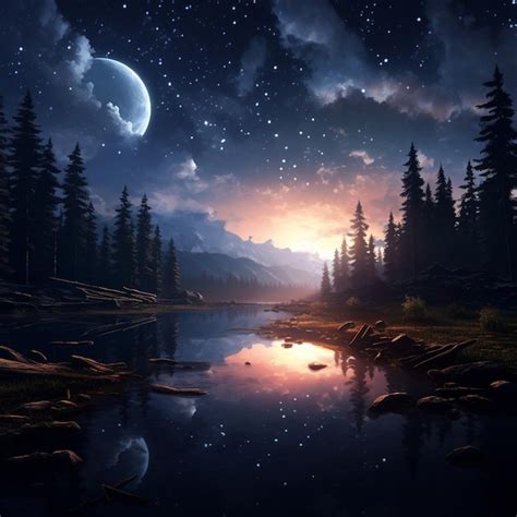 Premium AI Image | night scene with a lake and a full moon generative ai