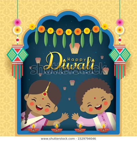 Diwali Deepavali Greeting Card Cute Cartoon Stock Vector (Royalty Free) 1529794046 Cartoon Kids ...