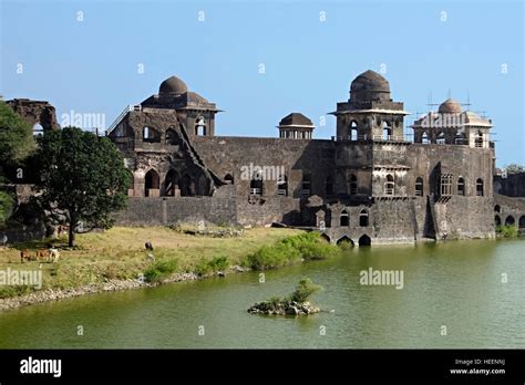 Long shot of Jahaj Mahal, Mandu Fort, Mandu City (also known as City of Joy) Madhya Pradesh ...