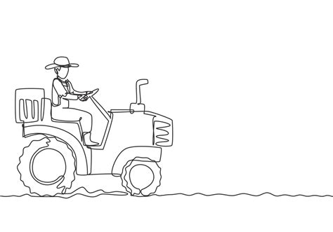 Single continuous line drawing young male farmer drive a tractor to plow the fields. Start a new ...