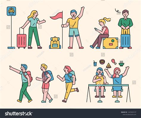 Traveling Characters Various Actions Flat Design Stock Vector (Royalty ...