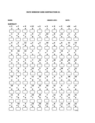 WINDOW CARD 1- SUBTRACTION-DIAMOND | Window cards, Subtraction, Free ...