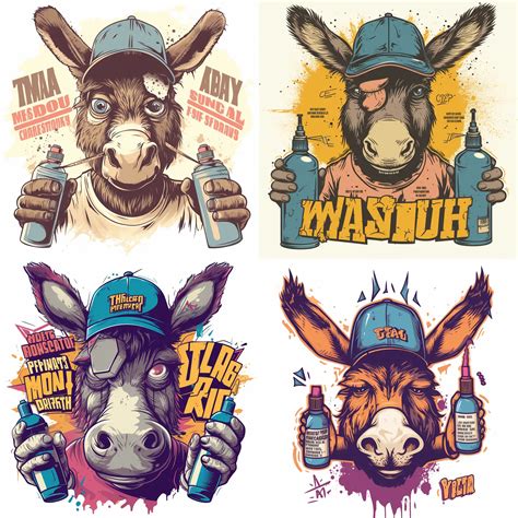 Whimsical Graffiti CapWearing Donkey with Spray Bottles | Midjourney Prompt