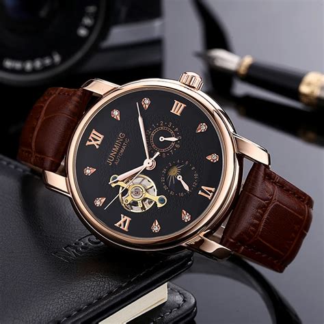 High Quality New Rose Gold Men's Waterproof Automatic Tourbillon Mechanical Wristwatches Leather ...