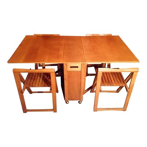 Mid-Century Drop Leaf Gateleg Dining Table With Stow Away Folding Chairs - Space Saver ...