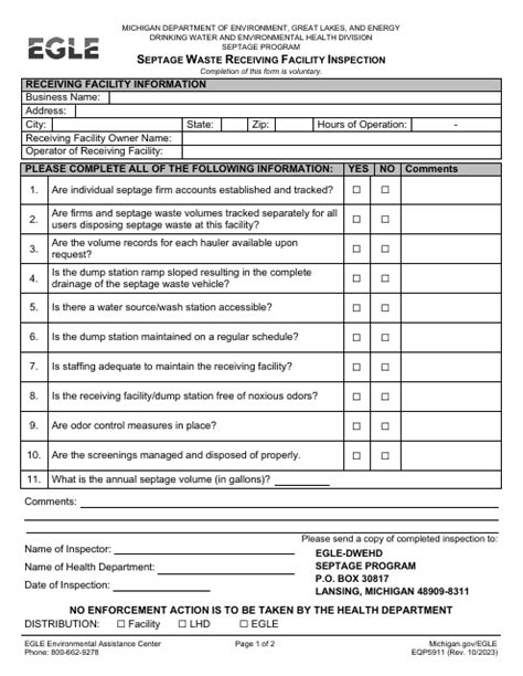 Form EQP5911 Download Fillable PDF or Fill Online Septage Waste Receiving Facility Inspection ...