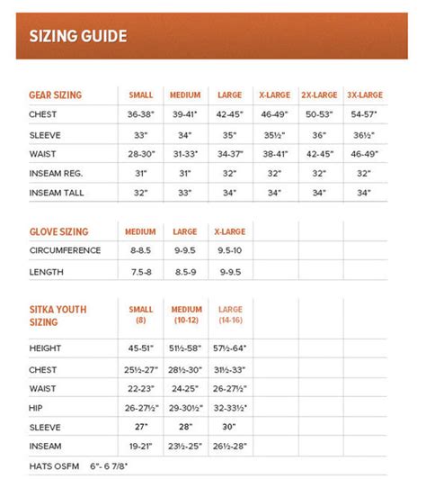 Sitka Size Chart - Canadian Waterfowl Supplies