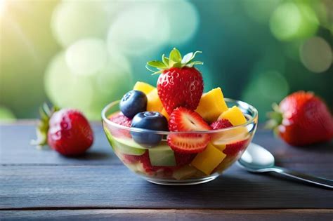 Premium Photo | A bowl of fruit salad with a spoon and spoon.