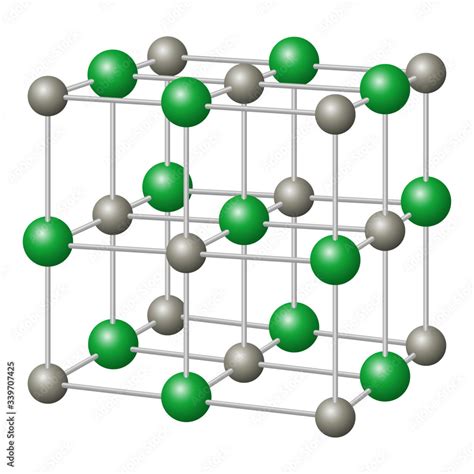 Sodium chloride, NaCl crystal structure with sodium in gray and chloride in green. Chemical ...