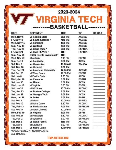 Printable 2023-2024 Virginia Tech Hokies Basketball Schedule