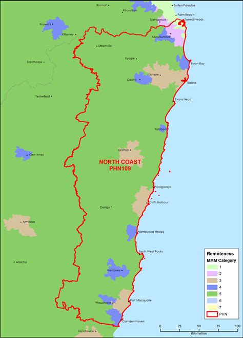 North Coast (NSW) Primary Health Network (PHN) map – Modified Monash Model (MMM) remoteness area ...