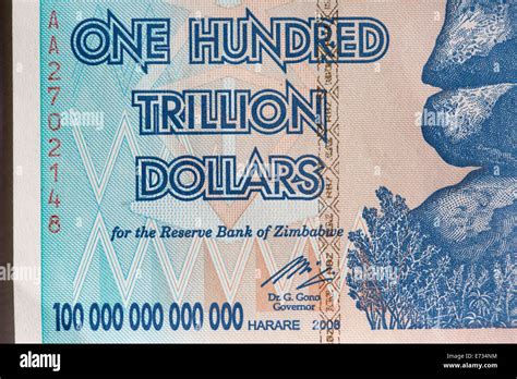 A Zimbabwean one hundred trillion dollar bill as was in circulation ...