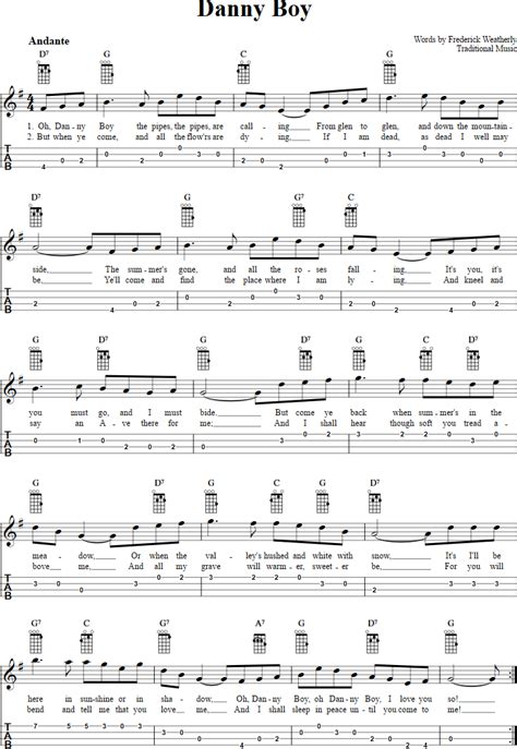 Danny Boy: Chords, Sheet Music, and Tab for Baritone Ukulele with Lyrics | Ukulele chords songs ...