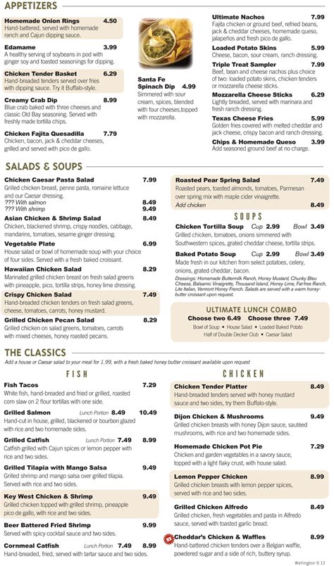 Cheddars Menu Printable