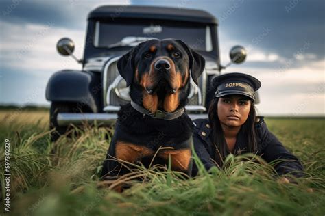 image showing the dog Rottweiler sitting next to a policeman looking at ...