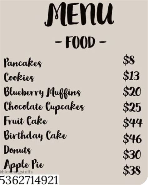 Bakery/Cafe Menu with Prices