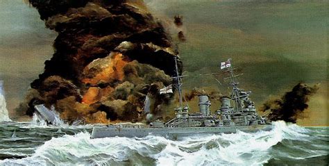 HMS Hood sinking after engaging the Bismark; HMS Prince of Wales in foreground. Hms Hood ...