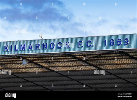 Kilmarnock Football Club name above one of the stadium stands, Rugby Park, Kilmarnock, Ayrshire ...