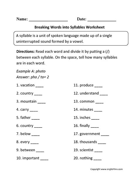 Breaking Words into Syllables Worksheets Phonics Worksheets Grade 1, Number Words Worksheets ...