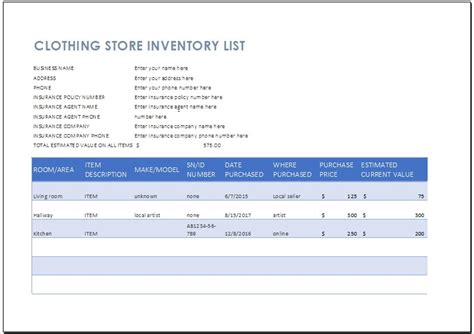 Clothing Store Inventory List Template | Word & Excel Templates