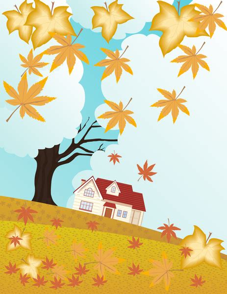 Autumn scenery illustration with falling leaves and house Vectors graphic art designs in ...