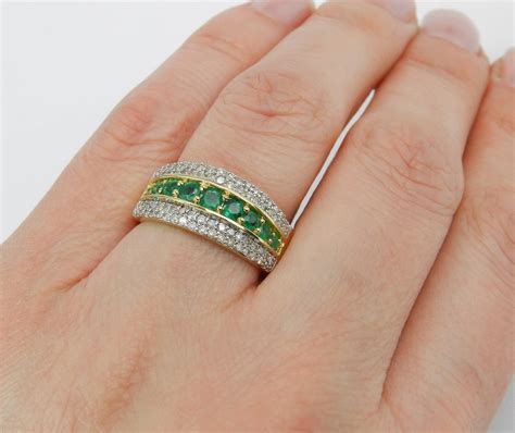 Diamond and Emerald Anniversary Band Wedding Ring Yellow Gold Size 6 ...