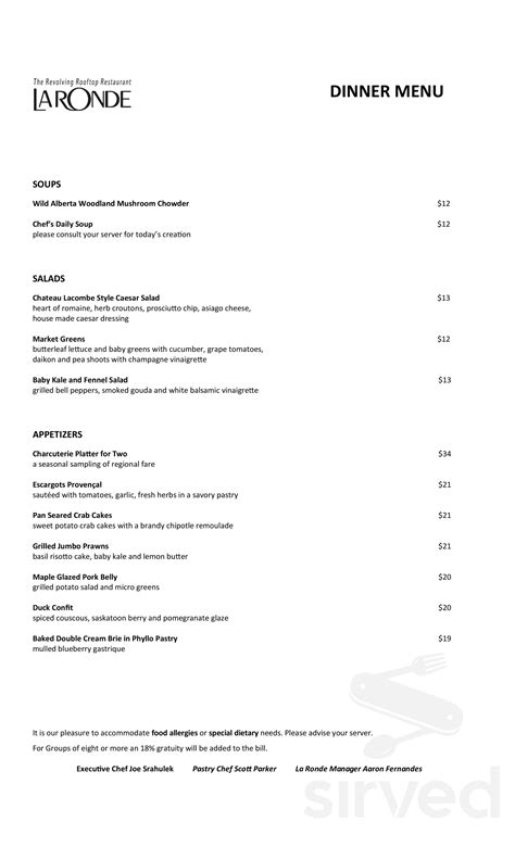 La Ronde Revolving Restaurant menus in Edmonton, Alberta, Canada