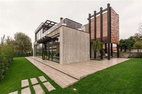 Modern Concrete Block House with Wooden Patio Attached