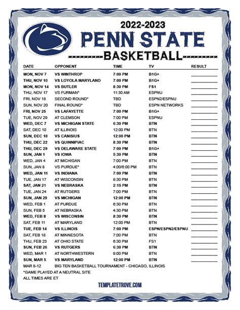 Printable 2022-2023 Penn State Nittany Lions Basketball Schedule