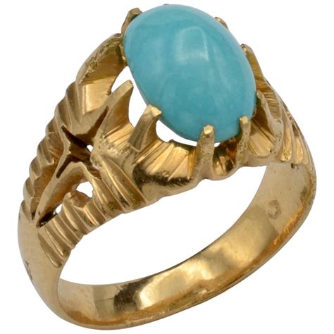 Persian Turquoise Cabochon 18 Karat Textured Bezel Claw, 'V' Shank Ring ...