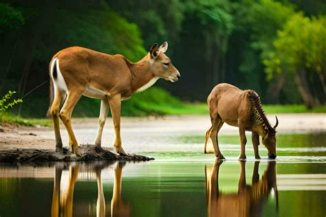 two deer drinking water in the wild. AI-Generated 32251013 Stock Photo at Vecteezy