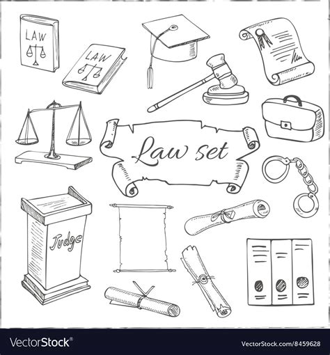 Hand drawn law symbols set Royalty Free Vector Image