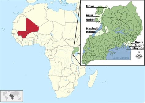 Map of Africa showing Mali (red) and Uganda (green). Subset: Uganda by ...