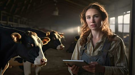 Happy female farmer standing with cows at the cattle farm.Female farmer raising cows 29629373 ...