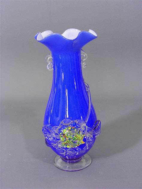 Vintage Blue Cased Glass Vase, Blue Glass Vase, Hand Blown Glass Vase, Vintage Vase, Vase ...