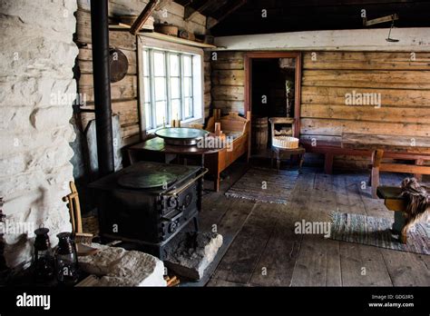 Interior view of an old Norwegian house at the Sunnmore Museum, Norway ...