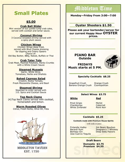 Middleton Tavern menu in Annapolis, Maryland, USA