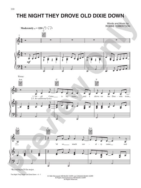 The Night They Drove Old Dixie Down: Piano/Vocal/Chords: The Band - Digital Sheet Music Download