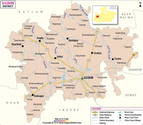 Ujjain District Map showing major roads, district boundaries, headquarters, rivers and other ...