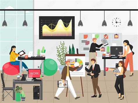 People work in office vector illustration. Team of employees work in business interior. Modern ...